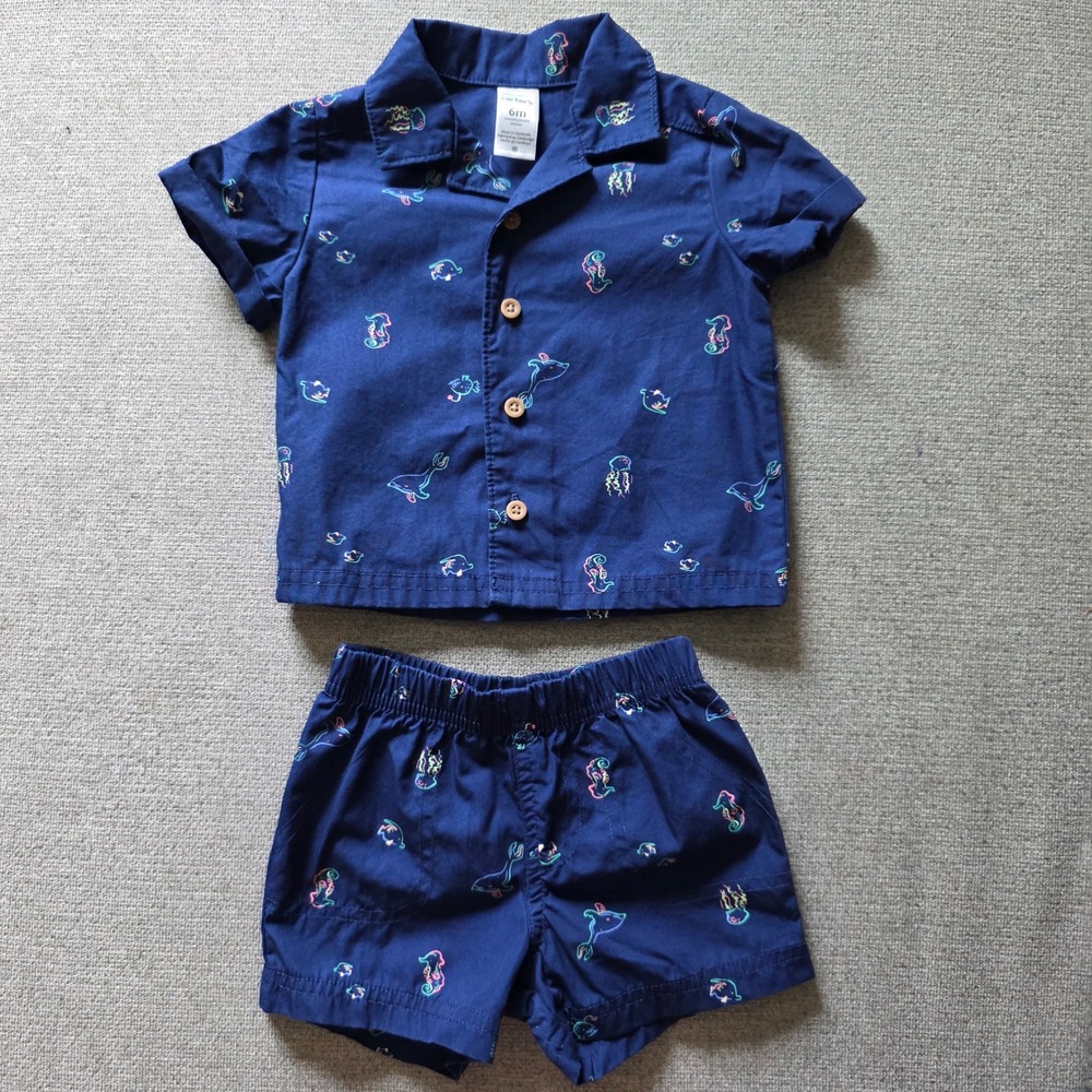 Carters Baby Boy 6M Navy Blue Neon Sea Creature Shirt and Shorts Set 2 Piece